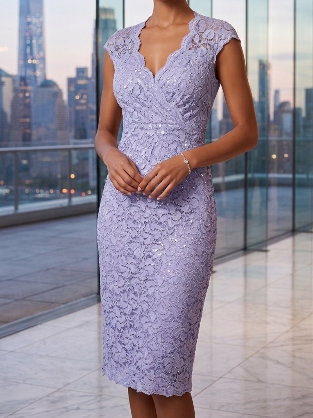 Connected Apparel Sequin Lace Sheath Dress Knee length Lavender Women size 10